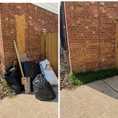 Before and after pickup photo showing junk removed from a side yard